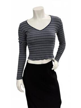 Zara Striped Crop Top Blue White Long Sleeve Ribbed V Neck